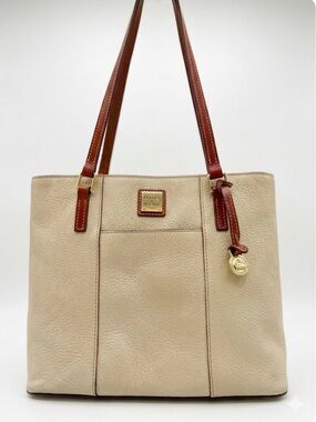 Dooney & Bourke Lexington Cream Leather Tote with Brown Trim and Gold Accent